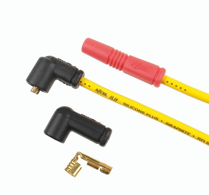 Accel Adjustable Length Fit Graphite Suppression Spark Plug Wire Set - Yellow 8.8mm Vari-Angle Boot With Point Style Distributor Cap