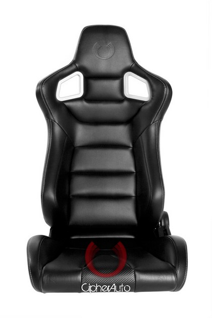 Cipher Euro Series Racing Seats - All Black Polyurethane Leather White Stitches with Carbon Fiber Polyurethane