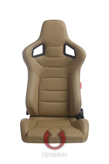 Cipher Euro Series Racing Seats - Tan Leatherette Carbon Fiber with Brown Stitching