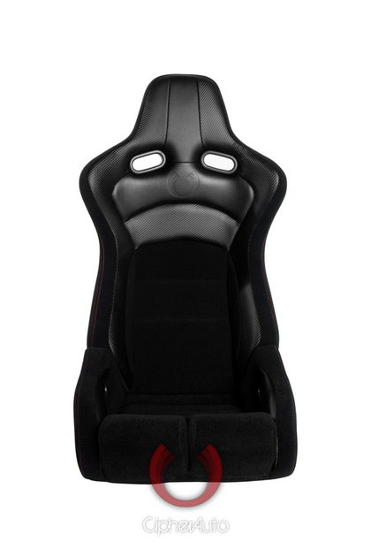 Cipher Auto Viper Racing Seats with Carbon Fiber Polyurethane Leather - Black Cloth with Red Stitching