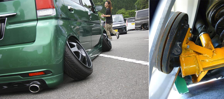 <p>Left image: No, this car isn’t broken. This an extreme case of camber, known by some as “demon camber” or “oni camber.” The suspension is highly modified to allow excessive amounts of negative camber, and in a lot cases the suspension is not adjustable, meaning that the cars also ride extremely low to the ground.</p><p>Right image:Yeah. Don’t try this at home.