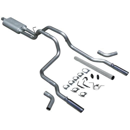 Flowmaster American Thunder Cat-Back Exhaust System - Dual Rear/Side Exit with Super 50 Series Muffler and 3 Logo Embossed Stainless Tips - Aluminized Tubing