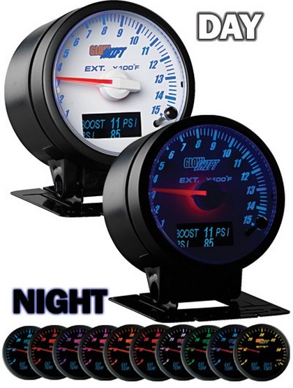 Glowshift 3-In-1 White Exhaust Temp and Digital Boost and Pressure Gauge - Black Housing and White Needle Cap