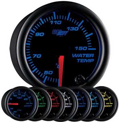 Glowshift Black 7 Color Water Temp Gauge - Celsius