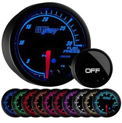 Glowshift Elite Ten Color Fuel Pressure Gauge - High and Low Warning (0 to 30 PSI)