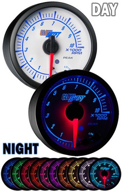 Glowshift White Elite Ten Color Tachometer - High and Low Warning