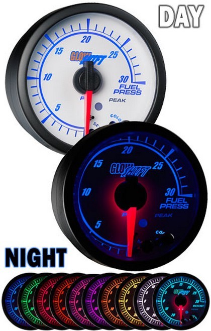 Glowshift White Elite 10 Color Fuel Pressure Gauge - High and Low Warning (0 to 30 PSI)