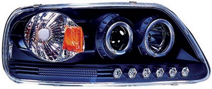 In Pro Car Wear Head Lamps, Projector W/ Rings & Corners - Black Housing / Clear Projector - W/ Amber Reflector