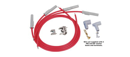 MSD Ignition Spark Plug Wire Set - Incl. Socket And HEI Spark Plug Top Distributor Caps - Red Super Conductor 8.5mm