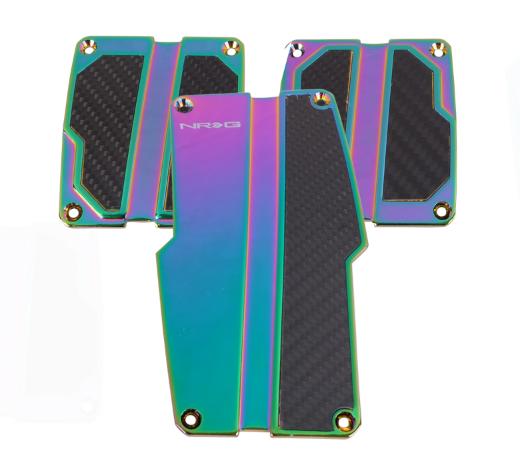 NRG Pedal Pad Cover Plates - Brushed Aluminum Sport Pedal Neochrome w/ Black Carbon