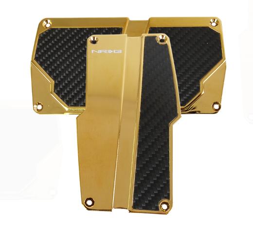 NRG Pedal Pad Cover Plates - Brushed Aluminum Sport Pedal Gold Chrome w/ Black Carbon