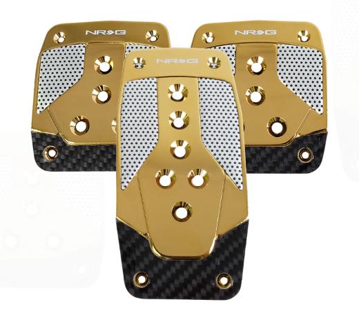 NRG Pedal Pad Cover Plates - Brushed Aluminum Sport Pedal Chrome Gold w/ Silver Carbon