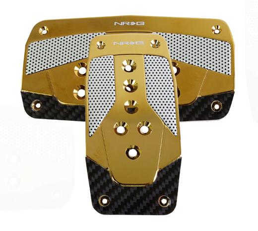 NRG Pedal Pad Cover Plates - Brushed Aluminum Sport Pedal Chrome Gold w/ Black Carbon