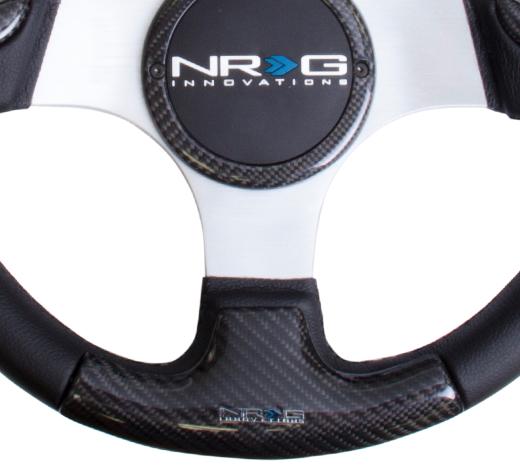 NRG Carbon Fiber Steering Wheel - 350Mm Silver Frame Black Stitching With Rubber Cover Horn Button