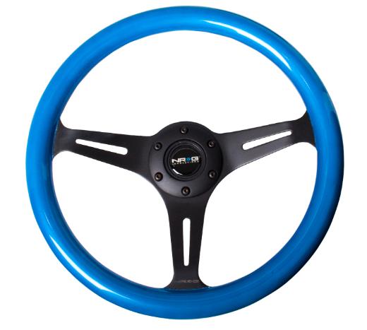NRG Classic Wood Grain Steering Wheel - 350Mm, 3 Black Spokes, Blue Pearl, Flake Paint
