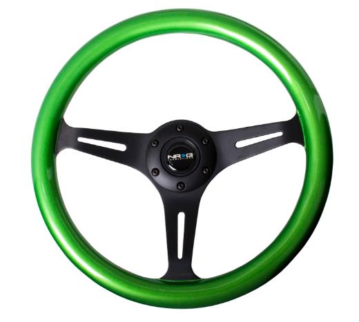 NRG Classic Wood Grain Steering Wheel - 350Mm, 3 Black Spokes, Green Pearl, Flake Paint