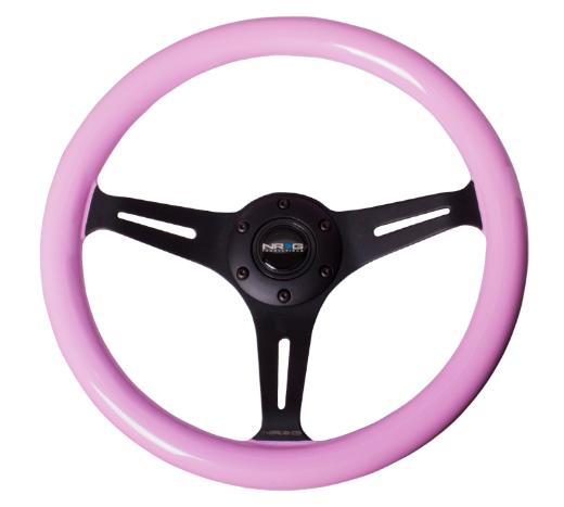 NRG Classic Wood Grain Steering Wheel - 350Mm, 3 Black Spokes, Solid Pink Painted Grip