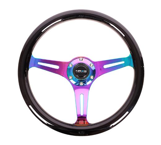 NRG Classic Wood Grain Steering Wheel - 350Mm, Black Colored Wood, 3 Spoke Center In Neochrome