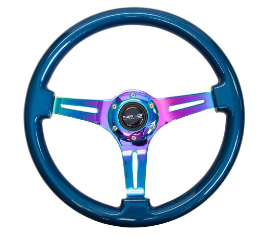 NRG Classic Wood Grain Steering Wheel - 350Mm, 3 Neochrome Spokes, Blue Pearl/Flake Paint