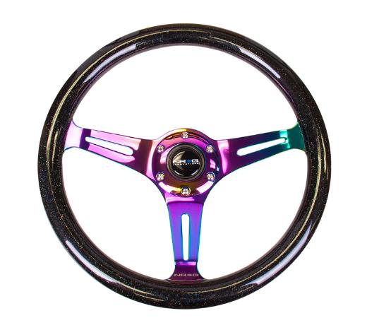 NRG Grain Wheel - Galaxy Classic Wood , 350Mm, 3 Neochrome Spokes, Black Sparkled Color