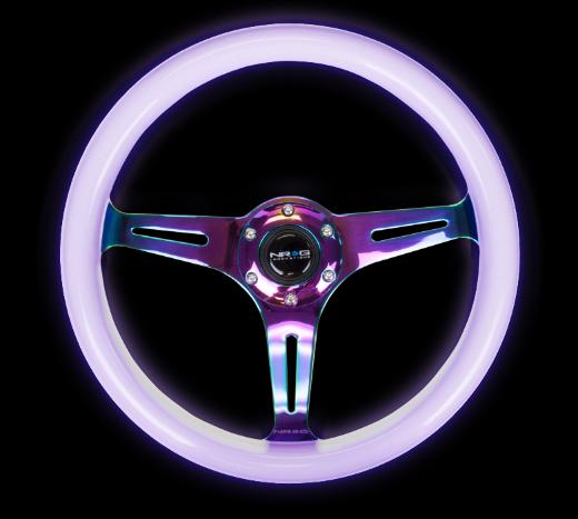 NRG Steering Wheel - Smooth Classic White Wood Grain, Glowing Purple, NeoChrome Finish