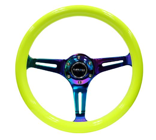 NRG Steering Wheel - Smooth Classic Neon Yellow Wood Grain, NeoChrome Finish