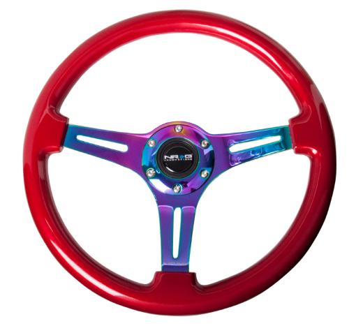 NRG Classic Wood Grain Steering Wheel - 350Mm, 3 Neochrome Spokes, Red Grip