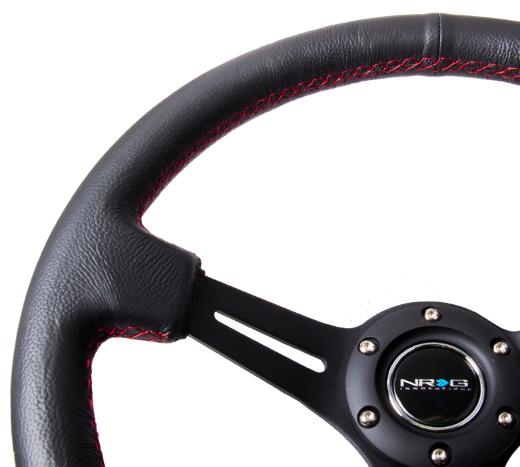 NRG Innovations 350mm Sport Steering Wheel, 2-inch Deep, Leather (Black w/ Red Stitching)