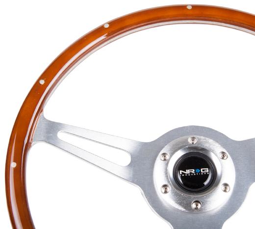 NRG Classic Wood Grain Steering Wheel - 365Mm, 3 Spoke Center In Polished Aluminum, Wood With Metal Accents