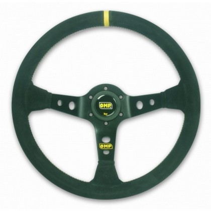 OMP Corsica 330 Steering Wheel- Black Suede Leather with Black Anodized Spokes & Yellow Stitching