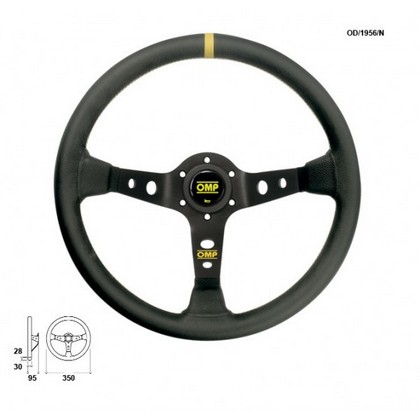 OMP Corsica Steering Wheel- Black Smooth Leather with Black Anodized Spokes & Yellow Stitching