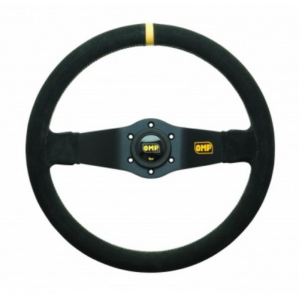 OMP Rally Steering Wheel- Black Suede Leather with Black Anodized Spokes & Yellow Stitching