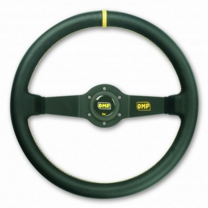 OMP Rally Steering Wheel in Black Smooth Leather with Black Anodized Spokes & Yellow Stitching