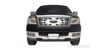 Putco Bolt-Over Grilles - Honeycomb Flaming Inferno Stainless Steel w/ Logo Cutout