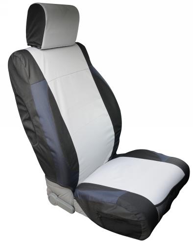 Rampage Interior Comfort Combo Pack with 2 Black/Grey Polycanvas Seat Covers - 2 Belt Pads - Steering Wheel Cover 