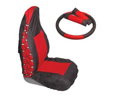 Rampage Interior Comfort Combo Pack with 2 Black/Red Polycanvas Seat Covers - 2 Belt Pads - Steering Wheel Cover 