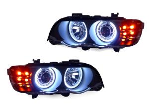 2000-2003 Bmw E53 P53 DEPO Black Angel Projector Headlights - W/ AmberLED Corner + Uhp LED Ring