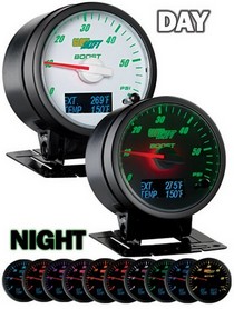 All Cars (Universal), All Jeeps (Universal), All Muscle Cars (Universal), All SUVs (Universal), All Trucks (Universal), All Vans (Universal) Glowshift 3-In-1 White Face Boost and Digital EGT and Temp. Gauge - Black Housing and White Needle Cap