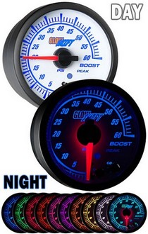 All Cars (Universal), All Jeeps (Universal), All Muscle Cars (Universal), All SUVs (Universal), All Trucks (Universal), All Vans (Universal) Glowshift White Elite Ten Color Boost Gauge (60 PSI) 