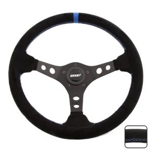 Universal (fits on all vehicles) Grant Steering Wheel - Suede Series Black with Blue Ring, 13.75' Diameter