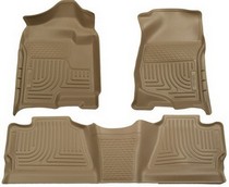 2007-2011 Chevrolet Silverado Crew Cab, 2007-2011 GMC Sierra Crew Cab, (except chassis cab or trucks w/manual transfer case shifter) Husky WeatherBeater Combination Front and Back Seat Floor Liners – Tan 