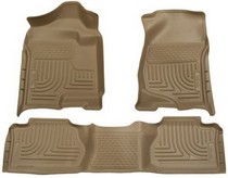 2007-2011 Chevrolet Silverado Extended Cab, 2007-2011 GMC Sierra Extended Cab, (except chassis cab or trucks w/manual transfer case shifter) Husky WeatherBeater Combination Front and Back Seat Floor Liners – Tan