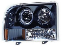 00-05 Ford Excursion, 99-04 Ford F250, 99-04 Ford F350 In Pro Car Wear Head Lamps, Projector W/ Rings & Corners - Black Housing / Clear Projector - W/ Amber Reflector