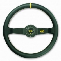 Universal OMP Rally Steering Wheel in Black Smooth Leather with Black Anodized Spokes & Yellow Stitching