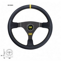 Universal OMP WRC Steering Wheel- Smooth Leather with Black Anodized Spokes & Yellow Stitching