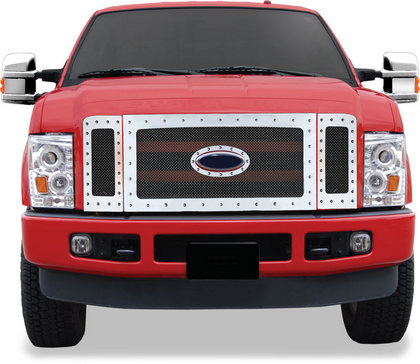 08-10 Ford F250 Restyling Ideas Grille with Chrome Rivets - Perimeter Woven Mesh, Chrome Stainless Steel, Top