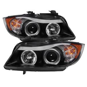 06-08 BMW 3 Series (4Dr E90) Spyder Halo Amber Projector Headlights - Black 