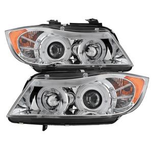 06-08 BMW 3 Series (4Dr E90) Spyder Halo Amber Projector Headlights - Chrome 