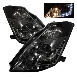 03-05 Nissan 350Z Spyder (Halogen Models Only) LED DRL (Daytime Running Lights) Projector Headlights - Smoke