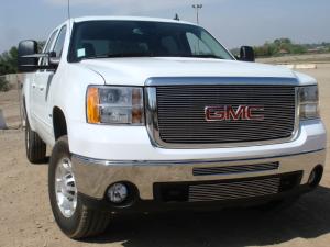 2007-2010 GMC Sierra Heavy Duty T-Rex Billet Grille Insert & Overlay/Bolt On - OE Logo Mounts On Billet (27 Bars)